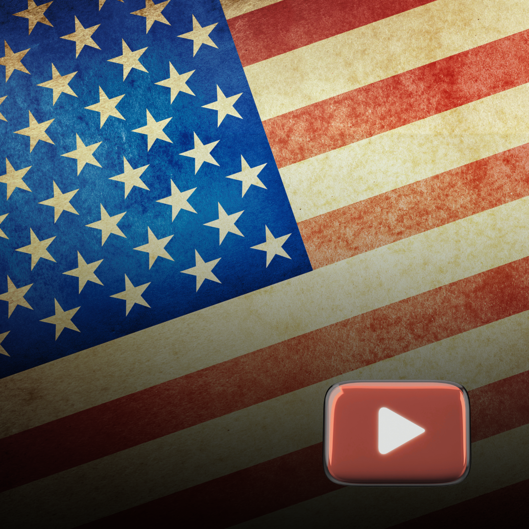 American flag background with a play button icon for video content